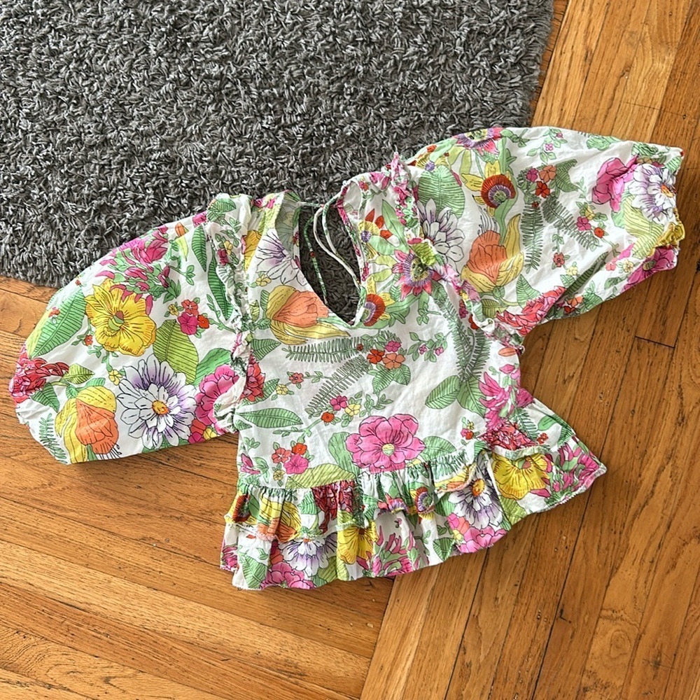 Anthropologie Love The Label Floral Cotton Top With Puff Sleeve & Open Back Sm